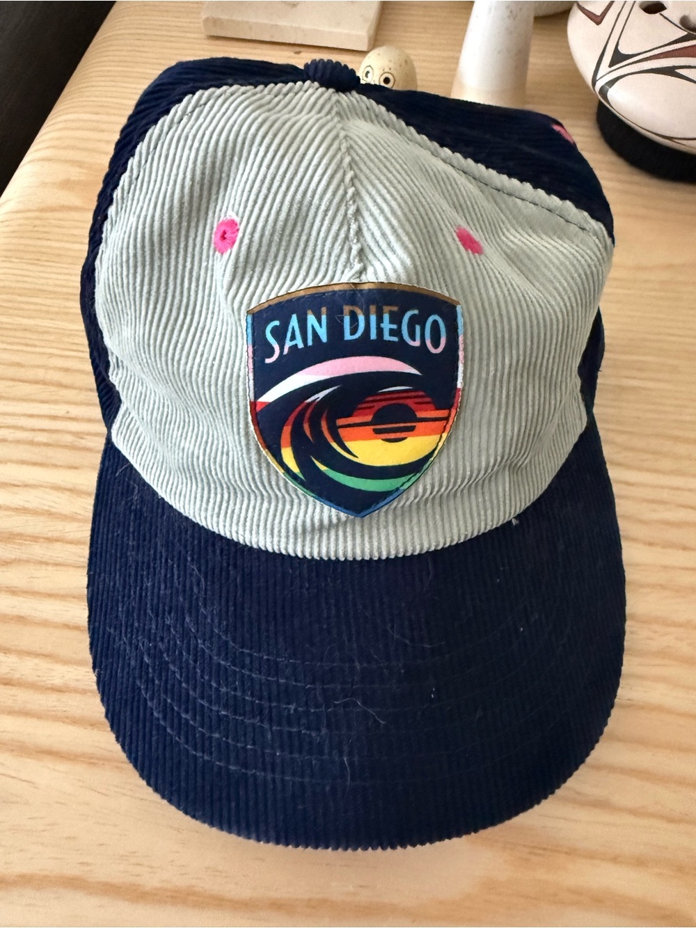 San Diego Patch Corduroy Baseball Cap - Navy & Light Gray with Rainbow Accent